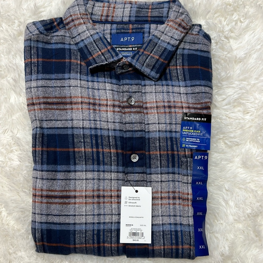 Apt. 9 grey, navy, blue, orange plaid flannel shirt